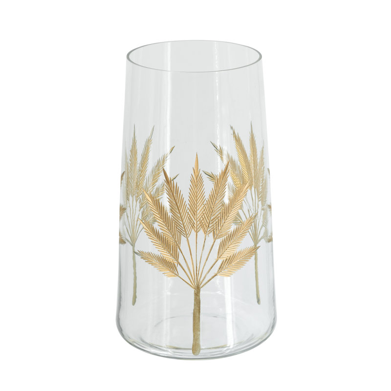 Cylindrical Glass Accent Vase with Gold Leaf Motifs - Clear/Gold, 9.8" H x 5.3" W x 5.3" D