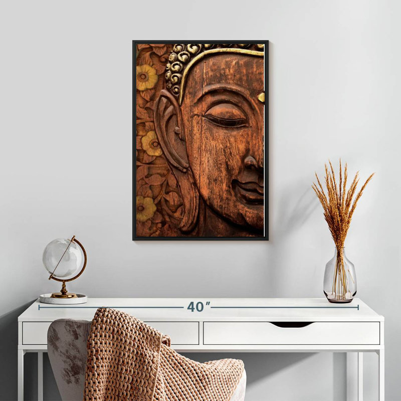 Visage de Bouddha sculpté, Cadre flottant noir, 17 po x 25 po