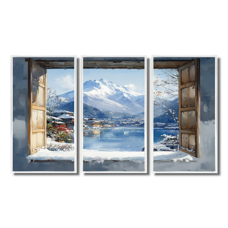 «White Winter Mount Fuji In Japon II», ensemble de reproductions d'art mural, Toile encadrée flottée blanche