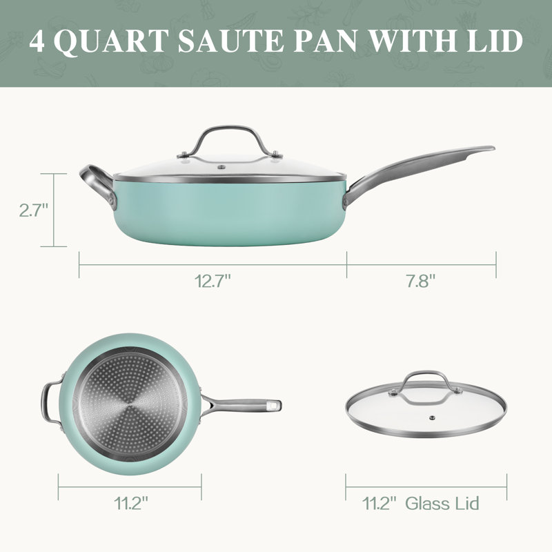 Ceramic Nonstick Saute Pan With Lid, 4 Quart, Oven & Dishwasher Safe, Green