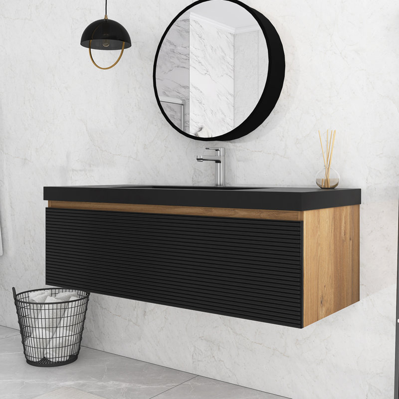 Meuble-lavabo mural simple 48 po en chêne avec plateau en résine intégré