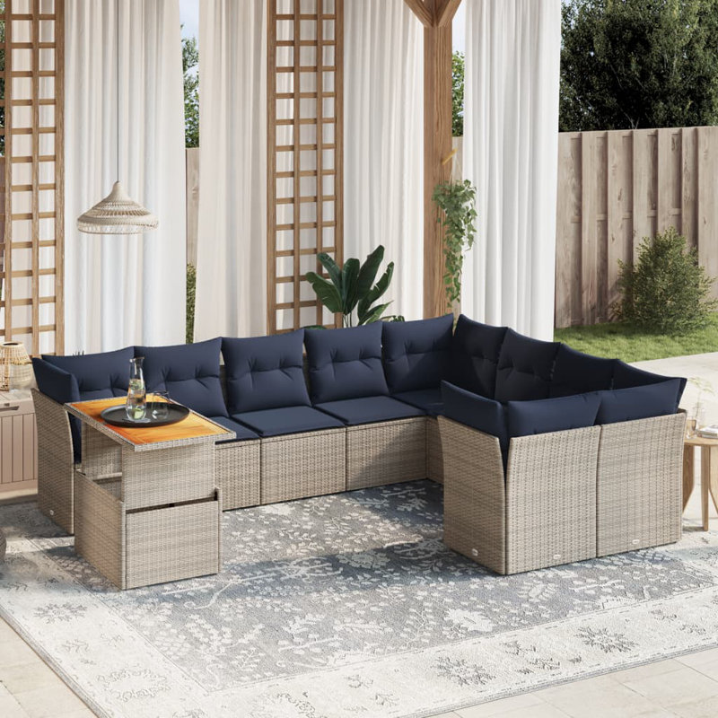 Ensemble de canapé de patio 10 pièces avec coussins en rotin de polyester, Marine, Gris