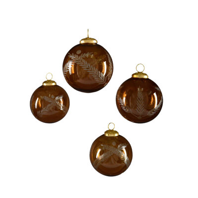  4" Amber Palm Etched Glass Ornament, Pack Of 4