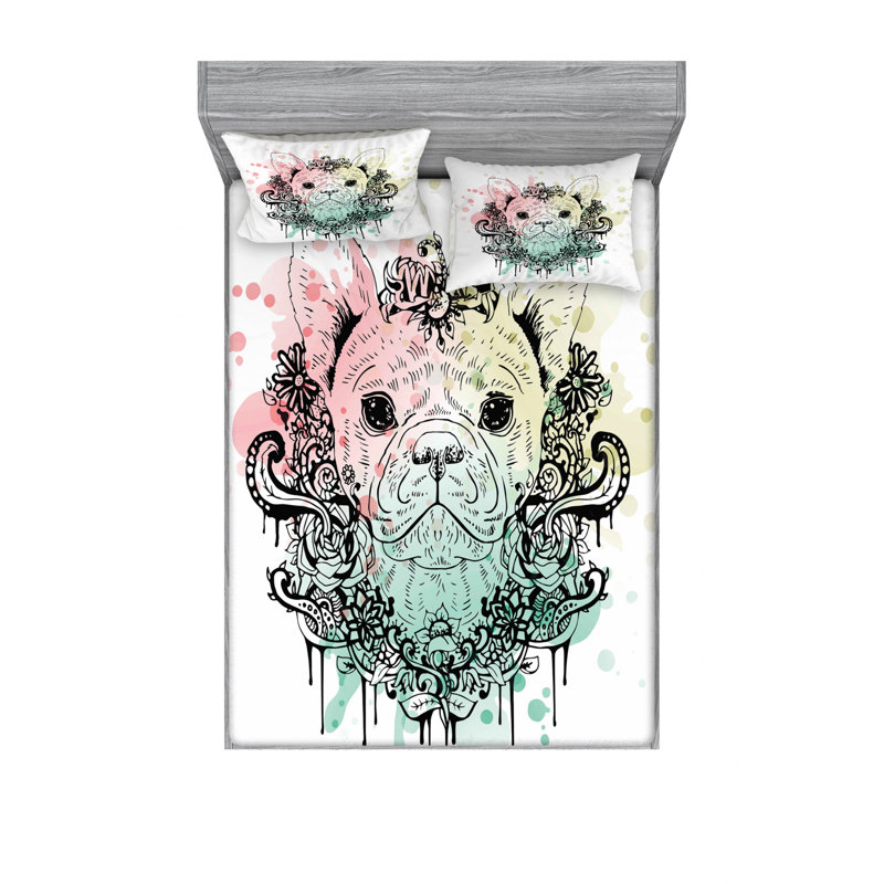 Ensemble de draps Bouledogue français avec couronne, Ensemble de draps pour lit double avec un drap-hou