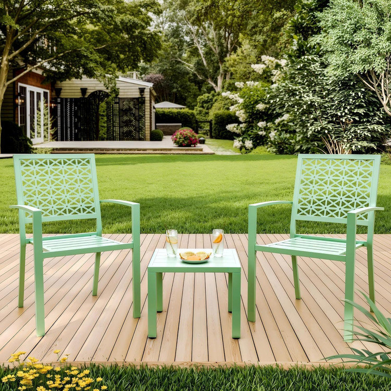 3-Piece Outdoor Bistro Set – Stackable Chairs & Steel Table for Balcony, Garden, Poolside (Light Green)