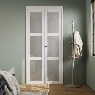 3-Lite Glass Door Solid Manufactured Wood Bi-Fold Door with Installation Hardware Kit(Closet-pantry door)