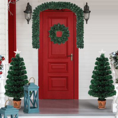 Ensemble de 4 pièces d'arbre de Noël artificiel en fibre optique pré-éclairé, guirlande de Noël, couronne et ensemble de 2 arbres d'entrée avec lumières colorées, ensemble de fête du PVC