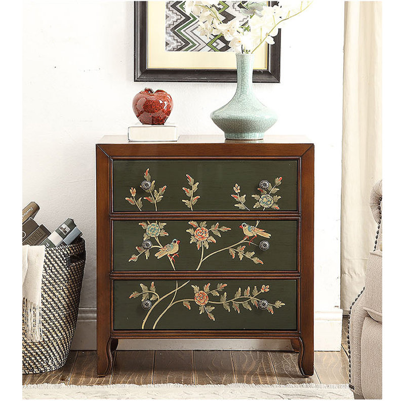 Tiroir de table de chevet rétro en bois massif de style traditionnel avec motifs floraux peints à la main convenant aux chambres et aux salons