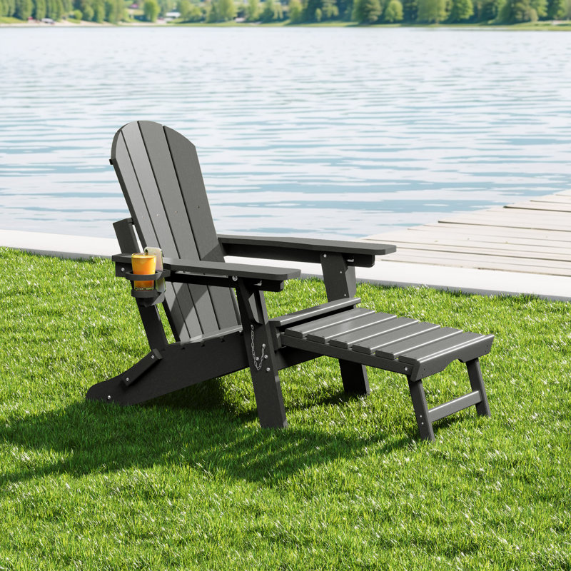 Outdoor Folding Adjustable Adirondack Chair With Cup Holder & Hideaway Ottoman, Gray