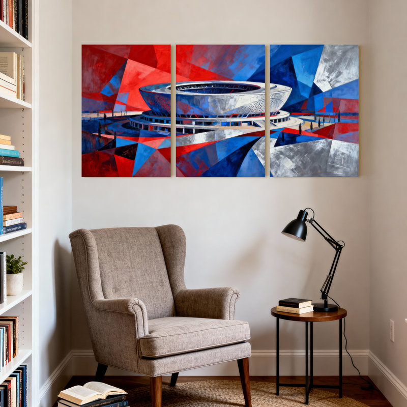 Cités et pays abstraits, ensemble de 3 reproductions d'art sur toile, motif géométrique rouge et bleu, H 18 po x l 36 po
