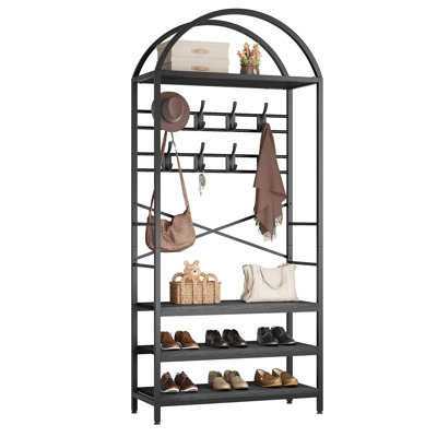 Double Arch Hall Tree with Shoe Bench, Heavy Duty Entryway Coat Rack Freestanding, 3-in-1 Mudroom Storage Organizer with 16 Hooks 3-Tier Shelving Industrial Rustic Wood Furniture, Anti-Tip