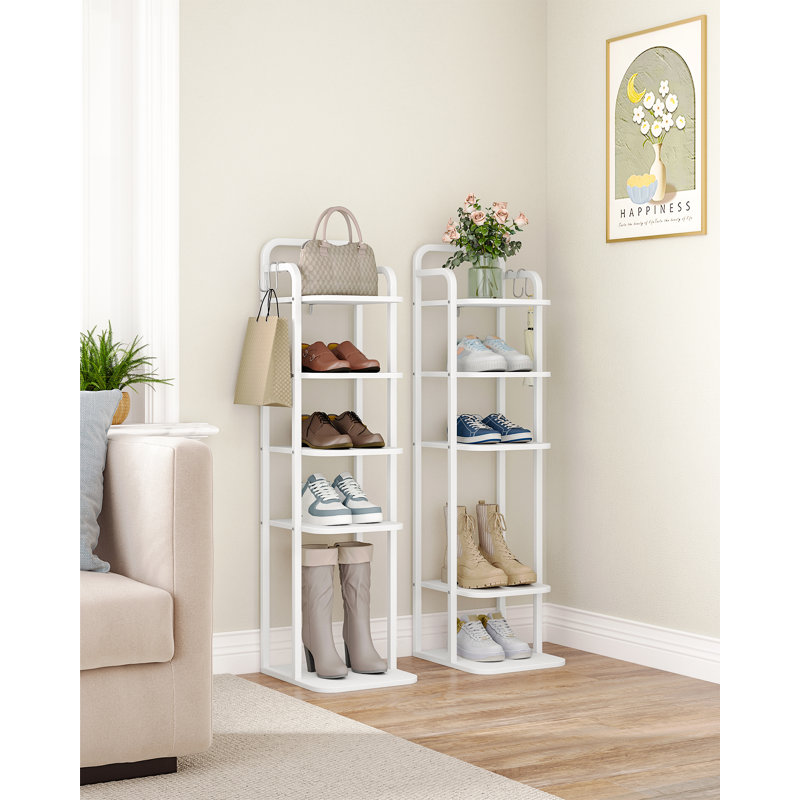 Vertical Shoe Rack, Shoe Shelves, Wood Shoe Organizer for Closet, Entryway, Shoe Tower for Small Spaces, Free Standing, Adjustable, with 2 Hooks, 6 Tier