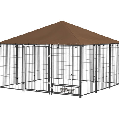 Outside Dog Kennel, 6.9' X 5', Roomy Puppy Play Pen With Canopy. Coffee. Rust Steel, Cloth Roof For Outdoor Use 6.9'x6.9'x5', Big Area Cover, Garden Fence Crate Enclosure Cage, Construction, Coffee