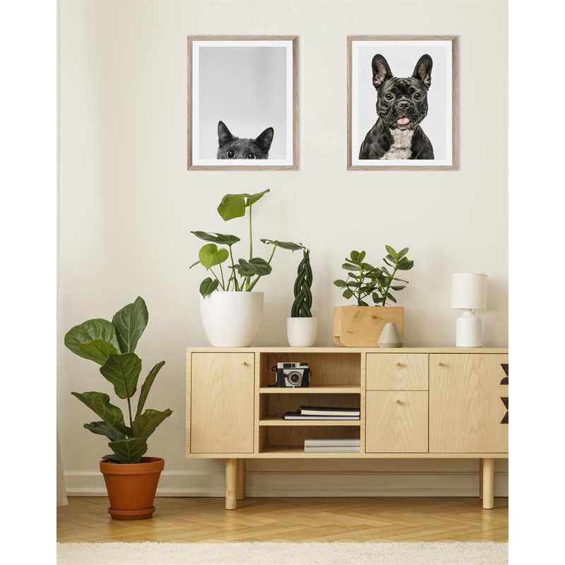 Peeping Cat Scandi - Single Picture Frame Print, Bevelled Wood Effect, 136.652 cm H x 111.252 cm W