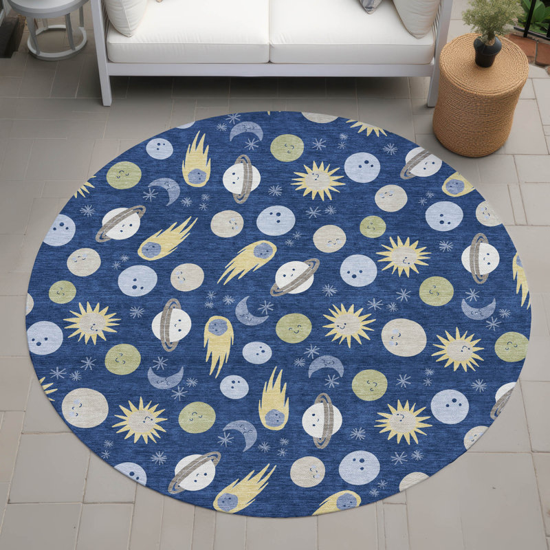 Tapis intérieur / extérieur lavable à la machine pour enfants ACN2581, Marine, Rond 8 pi