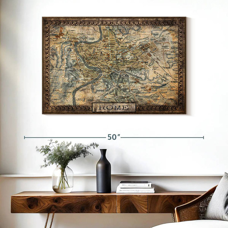Carte rétro de la ville de Rome, Cadre flottant noyer, 40 po x 27 po