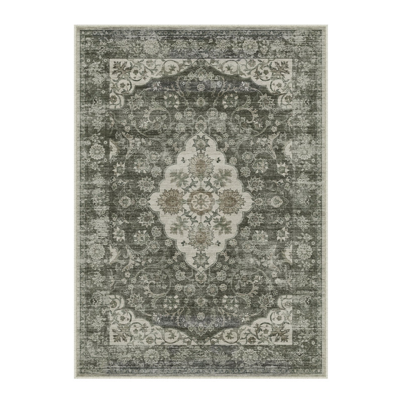 Vintage Medallion Machine Washable Area Rug With Non-Slip Backing, Rectangle 9' x 12', Brown