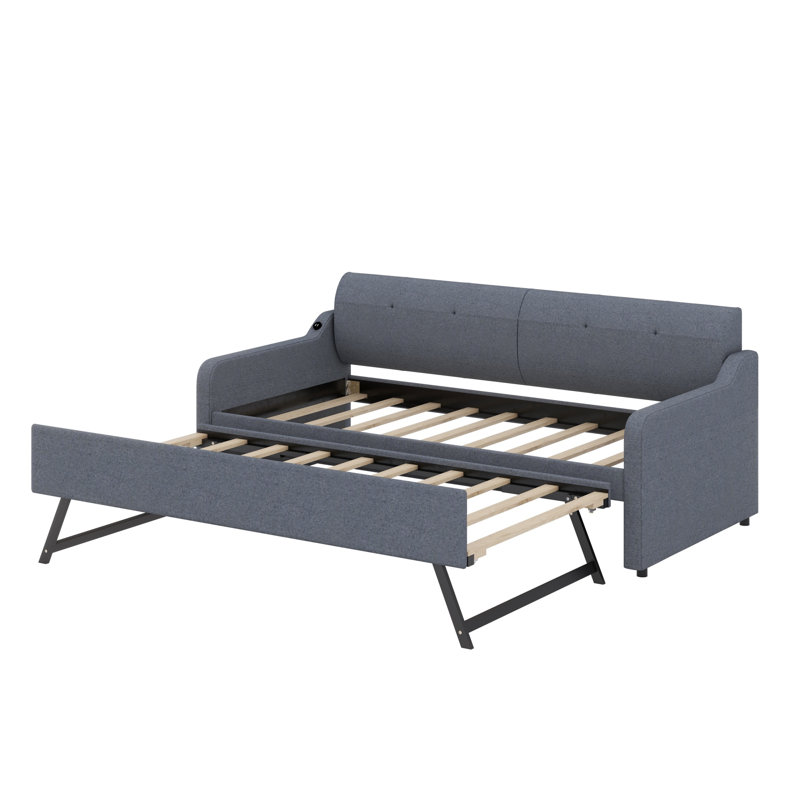 Upholstery Daybed With Trundle And USB Charging Design,Trundle Can Be Flat Or Erected, Gray