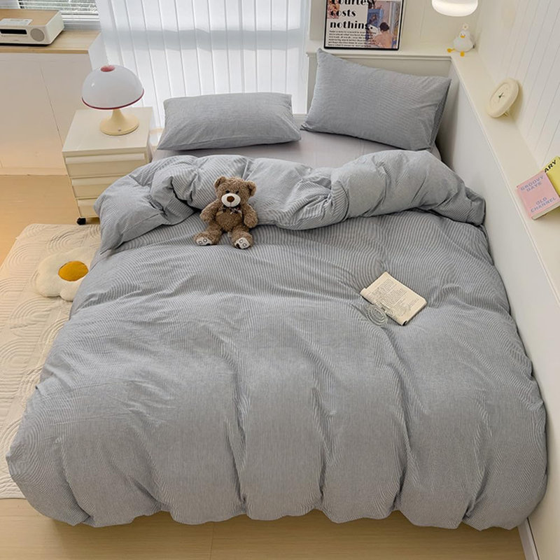 Ensemble de housse de couette douce en coton délavé Boho, Housse de couette grand et 2 taies d'oreiller stan, Gris