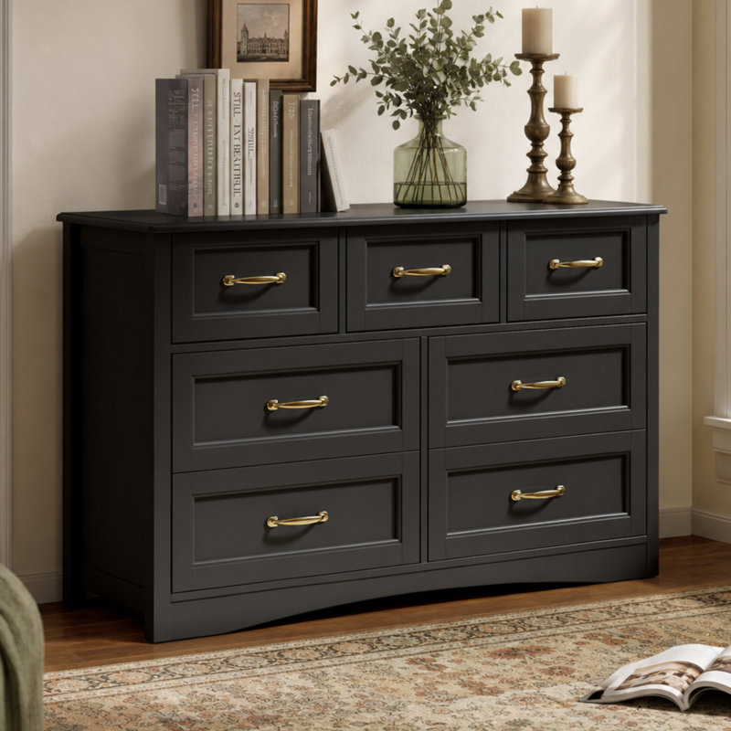 Commode double en bois moderne à 6 tiroirs l 47,2 po Migneco avec poignées en métal et tiroirs coulissants, Noir