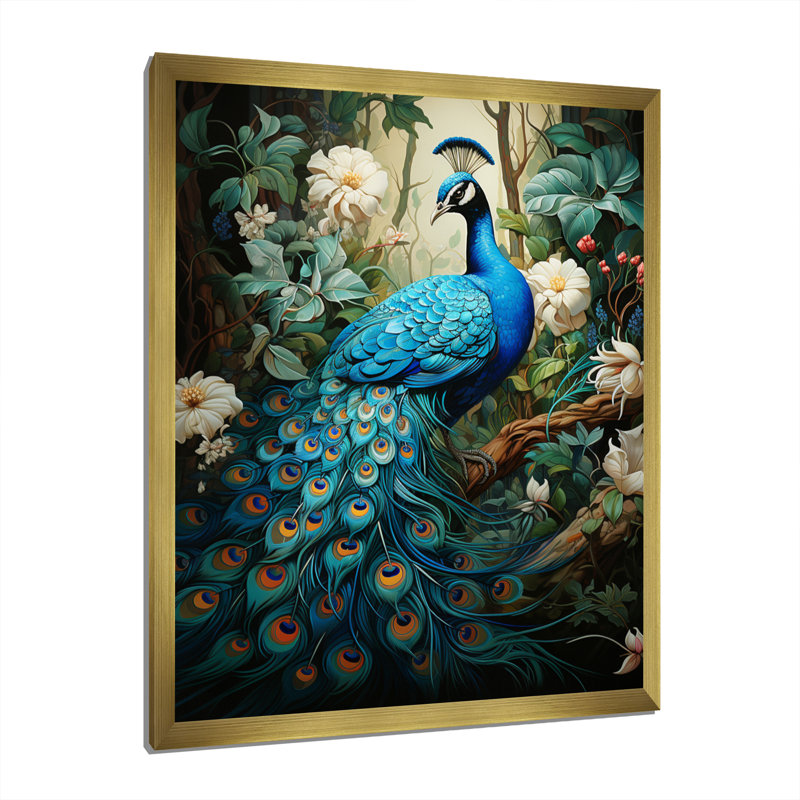 Zellie Teal Peacock - monochrome, art mural paon, H 44 po x l 34 po, Reproduction avec cadre flottant, Blanc