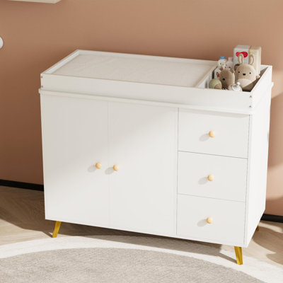 Wooden Baby Changing Table Dresser with 3 Drawers and Storage Cabinet, Waterproof Easy-Clean Infant Diaper Changing Station, Spacious Nursery Storage