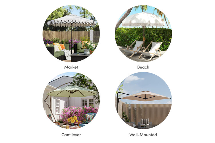 collage with the four types of patio umbrellas: market, beach, cantilever, and wall-mounted