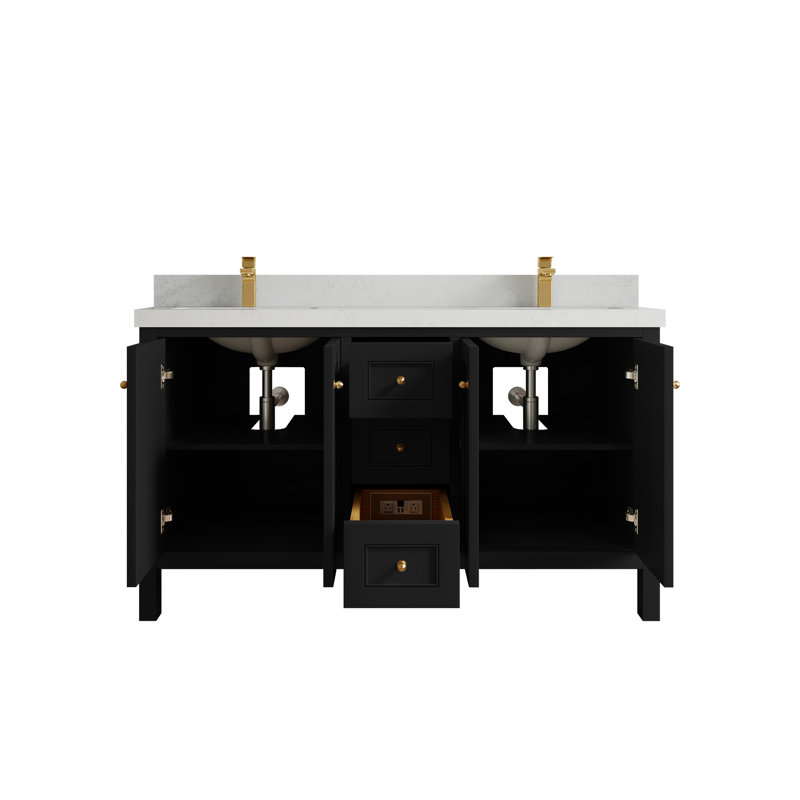 Nashville X P 22 po D Meuble-lavabo double avec 2 po Quartz, Noir, Quartz de Carrare