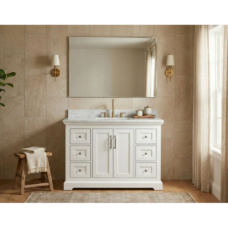 Ensemble de meuble-lavabo simple en bois massif 48 po avec rangement Maredo, miroir non inclus, Blanc