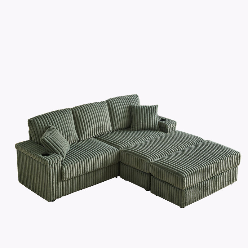 Corduroy 3-Seater Sofa With 3 Back Pillows, 2 Toss Pillows , A Ottoman, 2 Storage Spaces And Cup-Holding Grooves