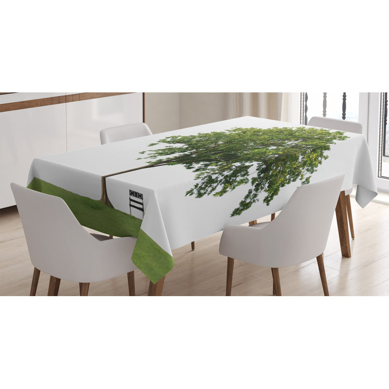 Ambesonne Tree Tablecloth, Bench Under Majestic Tree Looks Like Solitude In Habitat Environment Design, Rectangular Table Cover For Dining Room Kitchen Decor, 52" X 70", Green White