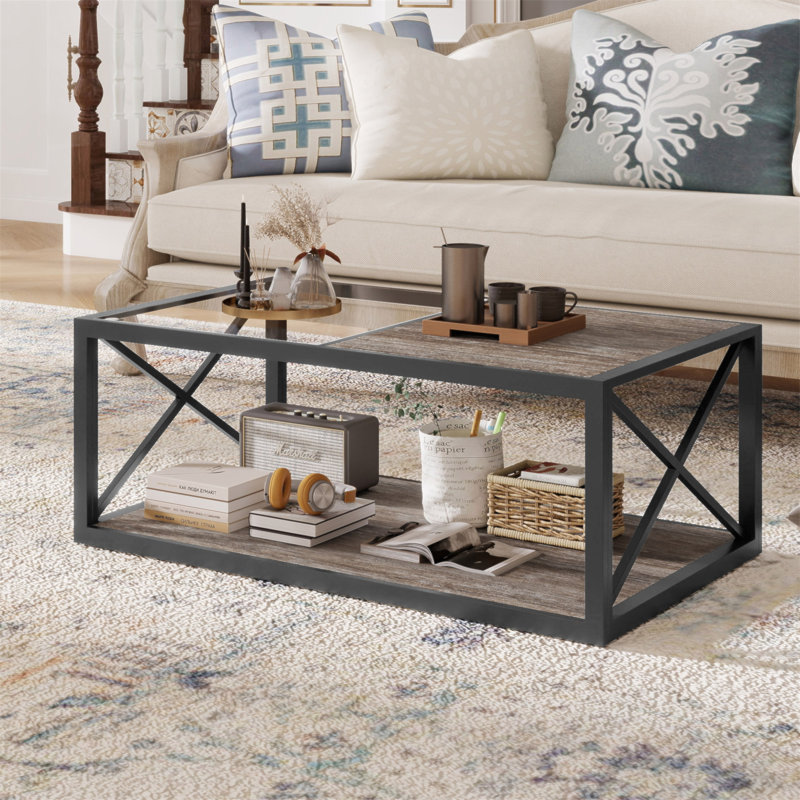 Table basse moderne pour chambre à coucher et salon, verre trempé et panneau de fibres à densité moyenne rustique, table basse de style industriel