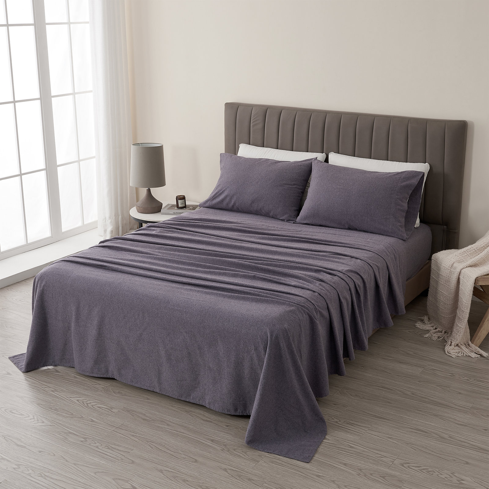 Heathered Cotton Blend Flannel Sheet Set, Twin, Heathered Acai Purple
