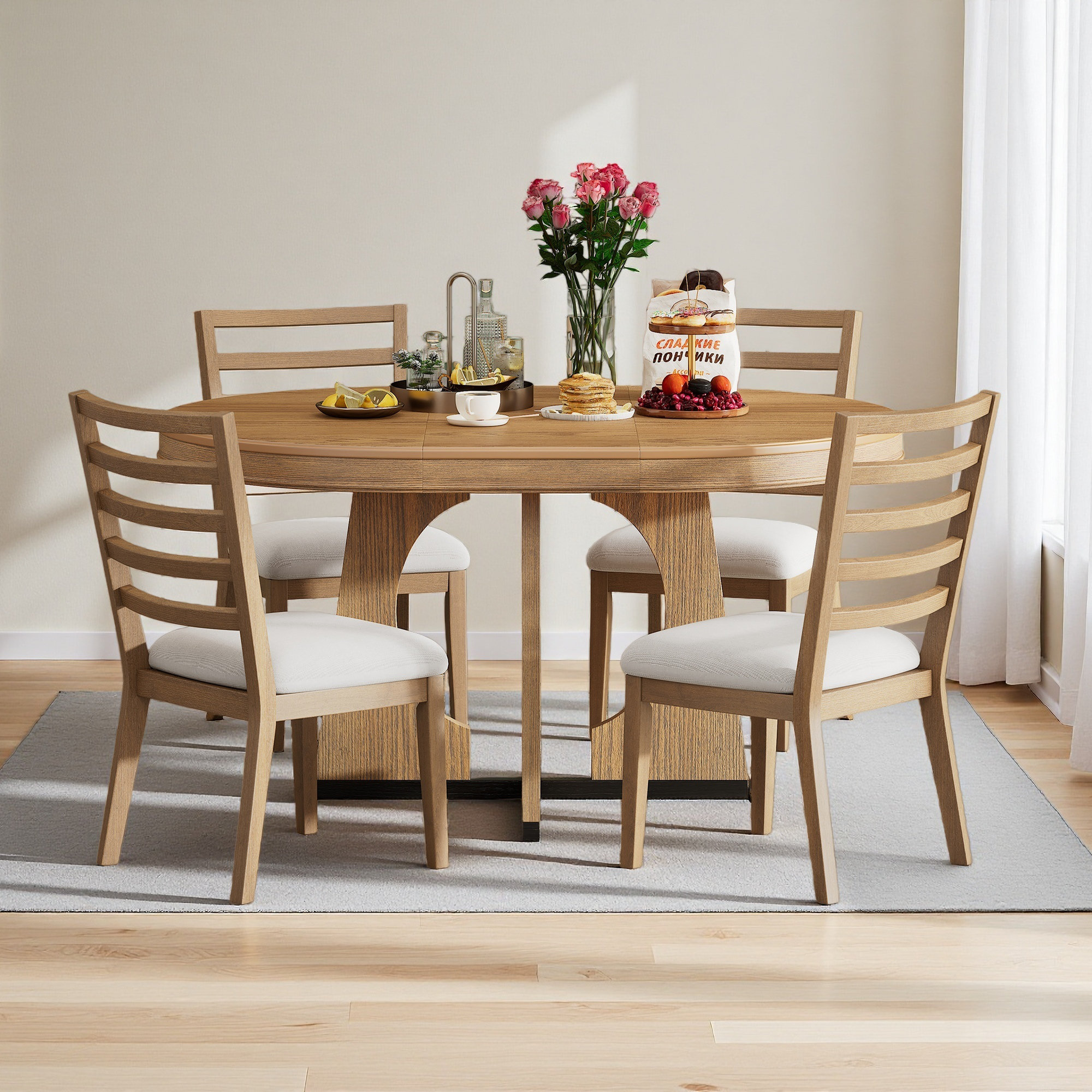 Red Barrel Studio® Round Dining Table For 4 With Chairs Set, Extendable ...