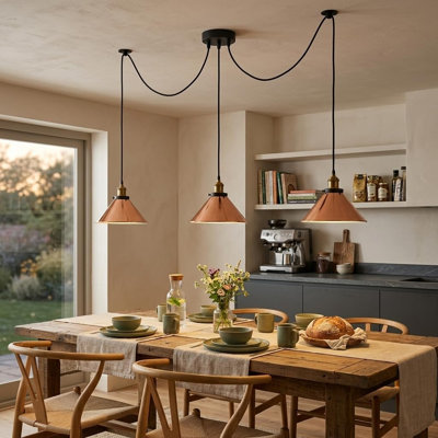 Vintage 3 Way Spider Pendant Light E26 Ceiling Lamp with 195cm Adjustable Cable Metal Conical Shade Chandelier Lighting Fixture for Kitchen Island Dining Room Bedroom Cafe Bar