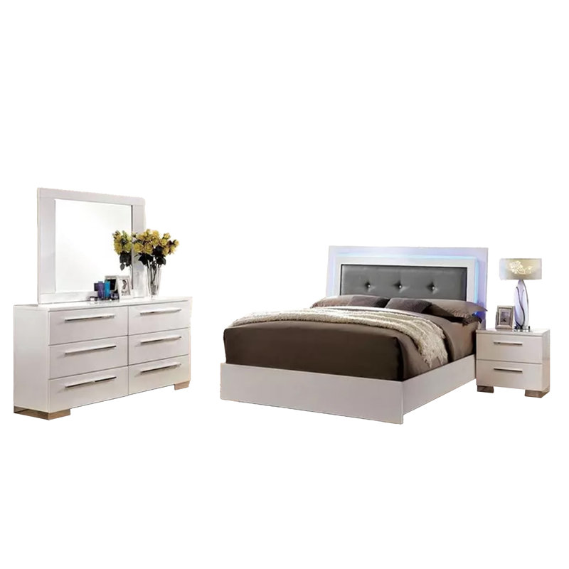 Ensemble de chambre pour grand lit 4 pièces Gely, capitonnage à boutons, DEL, blanc brillant, Chrome