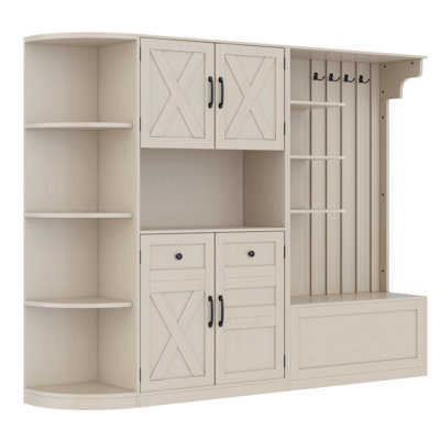 Multifunctional Left-Right Combination Hall Cabinet with Storage & 4 Hooks – Split & L-Shaped Entryway Storage for Living Room, Kitchen,antique Beige