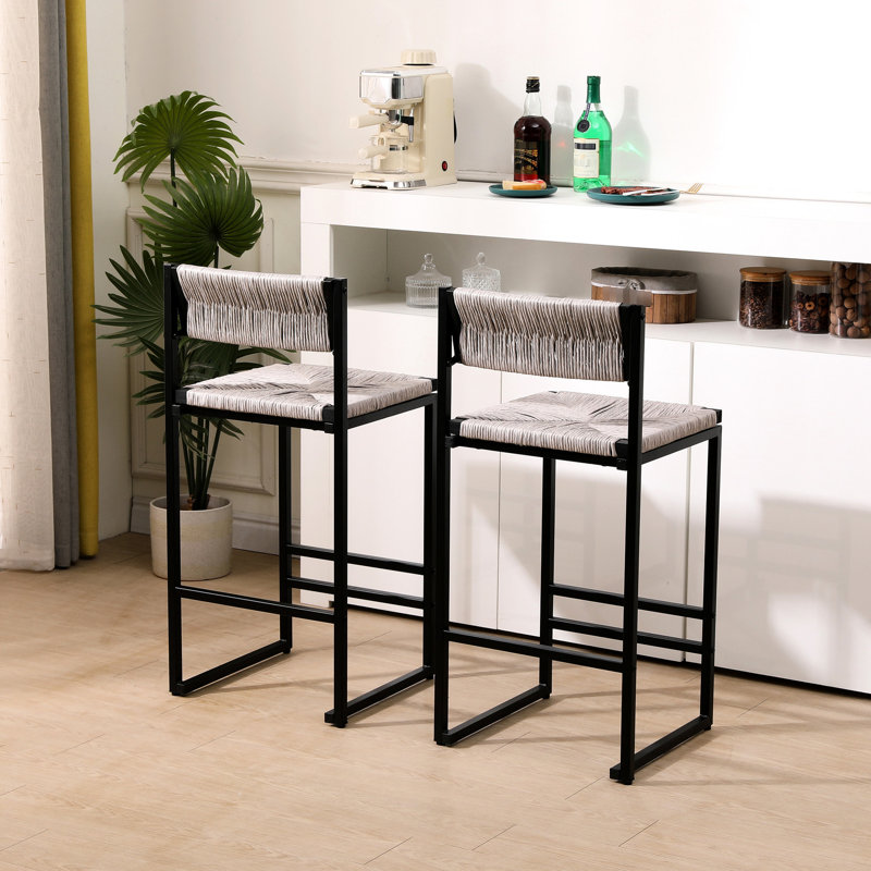 Tabourets de bar gris avec dossier, fabrication pour une utilisation durable 2 dossiers - métal solide et corde de papier tissé. Espaces modernes pour la maison, le bureau et le café