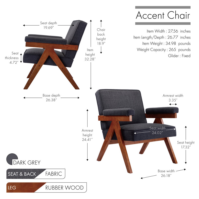 Jackielyn Fabric Accent Chair with Rubberwood Legs, Dark Gray Polyester Blend