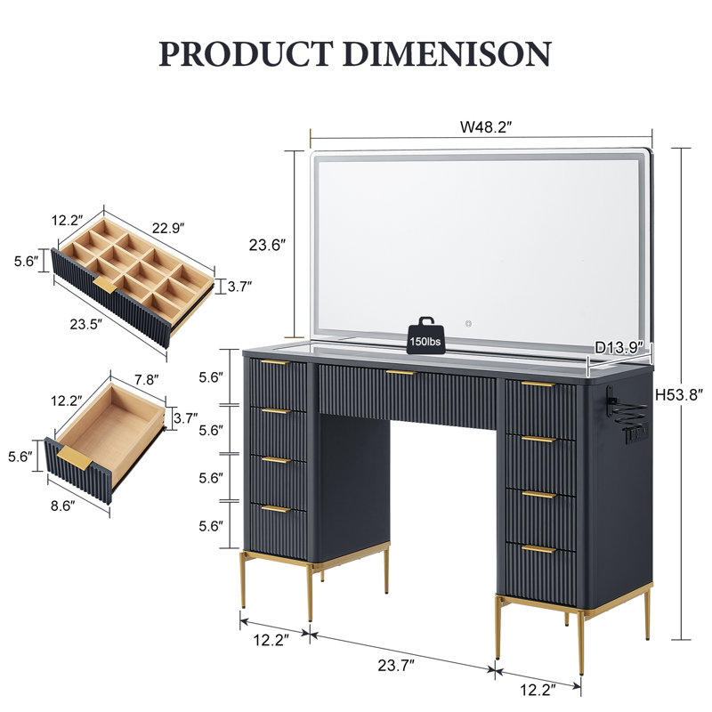 48" Modern Makeup Vanity Desk With Mirror And Lights, Makeup Vanity With 9 Drawers With Power Outlet,adjustable Lighting Dressing Table For Bedroom