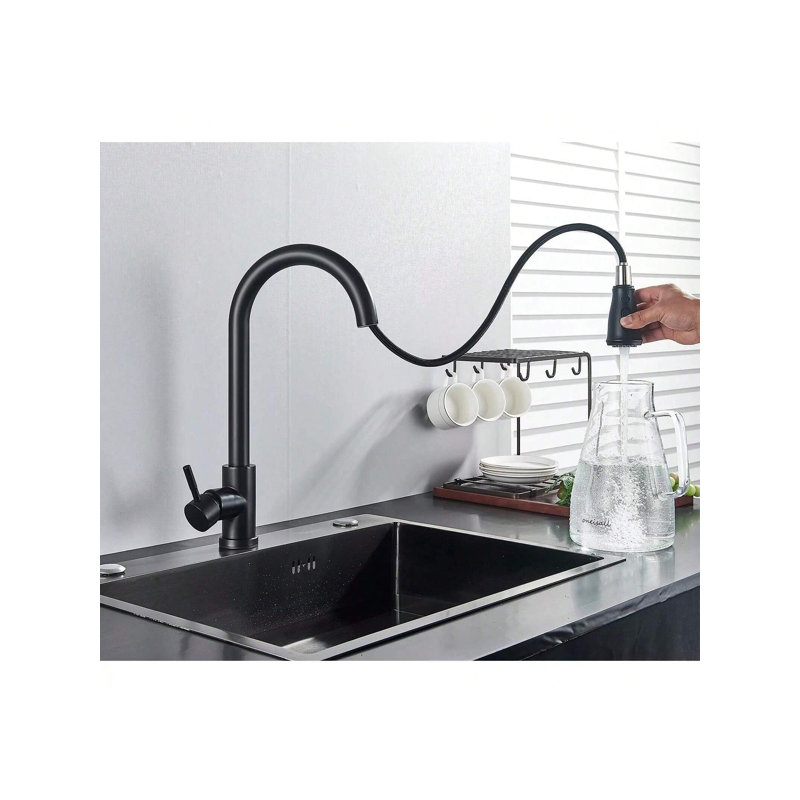 Robinet d'évier de cuisine tactile, robinet de pulvérisation rétractable à arche haute noir mat, robinet rotatif à 360 degrés à poignée simple pour évier de cuisine