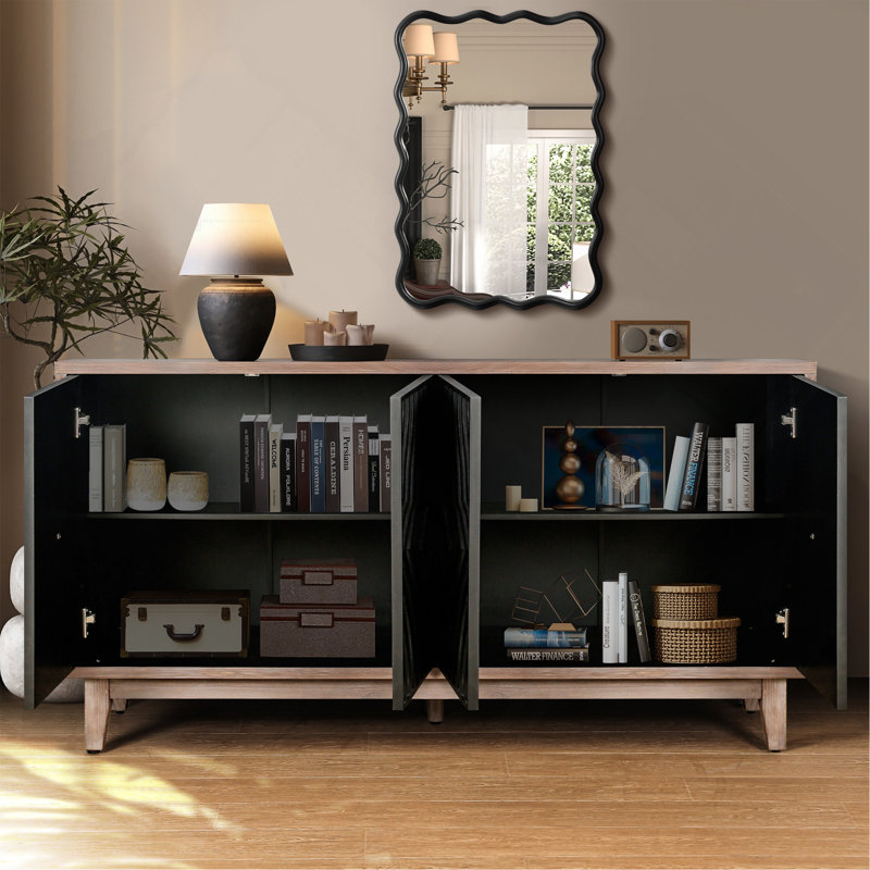 Buffet de style Mid-Century avec pieds en bois massif, crédence de 60 po avec 4 portes à losanges et 2 tablettes décoratives pour le salon, etc.