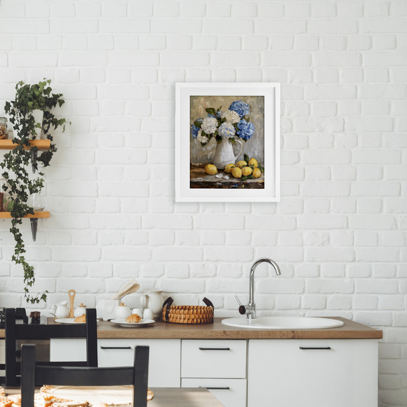 Hortensias et agrumes, nature morte, reproduction encadrée sous verre, design par LSR Creative Studio, H 16 po x l 13 po