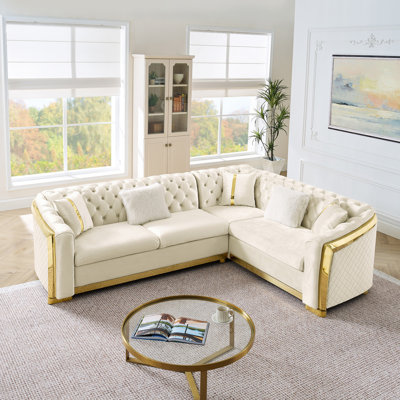 106 Inches L-Shaped Chesterfield Sectional Sofa Set With Gold Stainless Steel Accents, Velvet Button Tufted Sofa With 5 Pillows Luxury Couch For Living Room, Beige