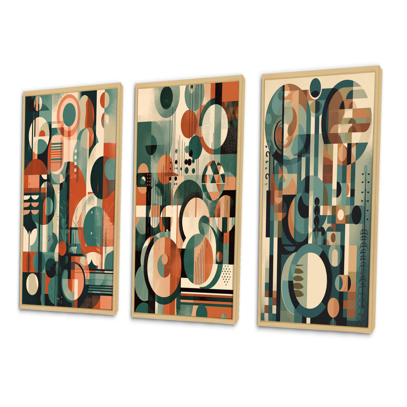«Mid Century Artistic Transformations», 3 pièces sur toile, H 28 po x l 36 po, Cadre naturel flottant