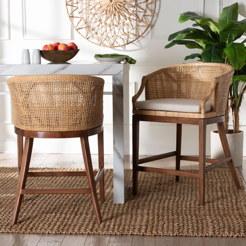 Ceiran Bohemian Light Honey Rattan And Wood 2-Piece Counter Stool Set, 2, Counter Stool (23.6" Seat Height)