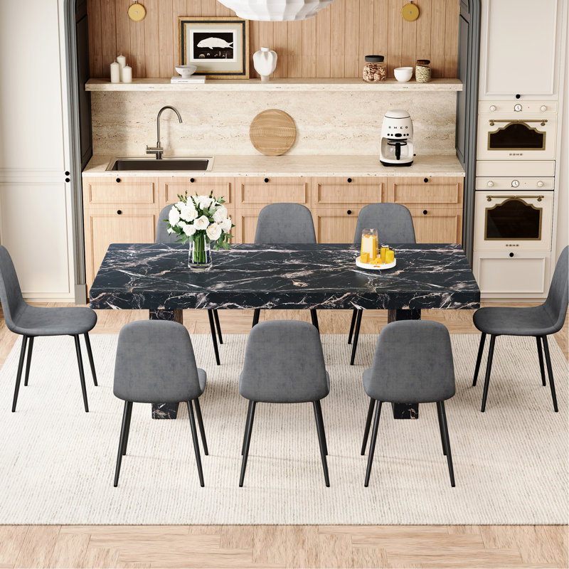 Table multifonctionnelle à 8 places: table de 78,7 po x 39,4 po avec plateau de 3,5 po d'épaisseur et chaises en coton respirant gris foncé en lin doux