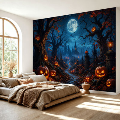 Wall Mural Peel and Stick Wallpaper Halloween Night Scene Glowing Lanterns Spooky Forest Self-Adhesive Removable Contact Paper Wall Decor for Living Room Bedroom 69"H x 96"W