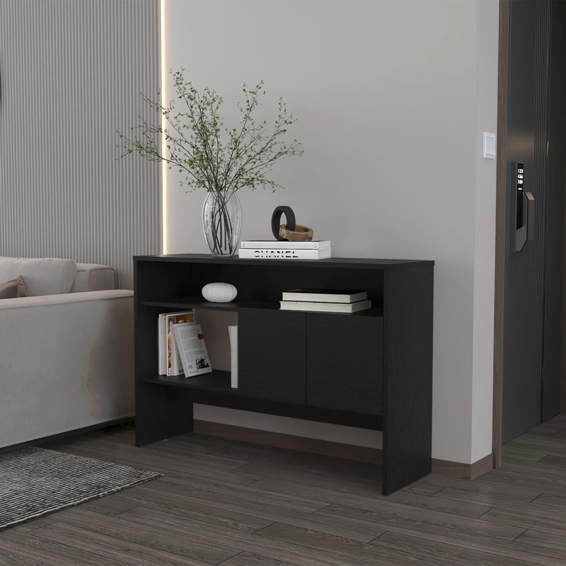 Console Bylas en mélamine avec deux portes et rangement ouvert, noir, Noir