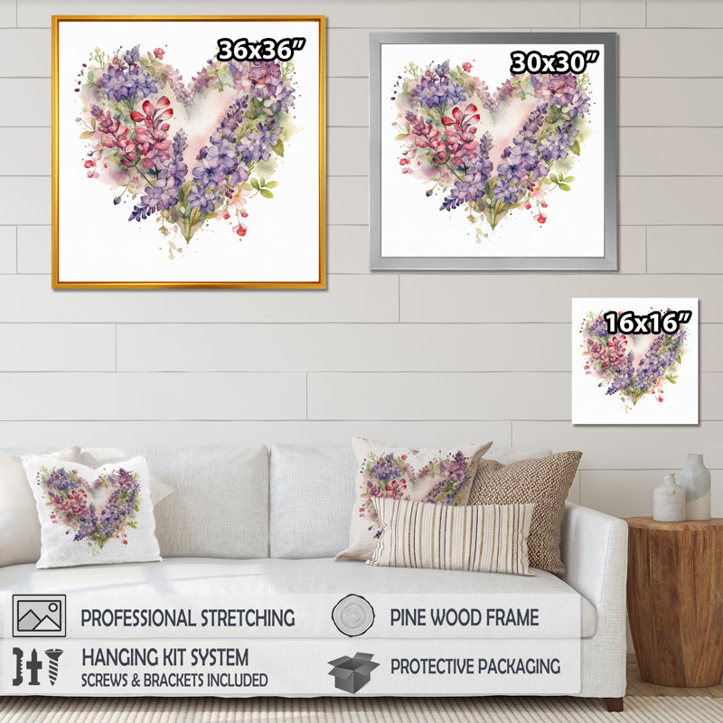 Rylea mauve et rouge Bouquet de fleurs élégantes sur toile, H 16 po x l 16 po x P 1 po, Encadrement doré